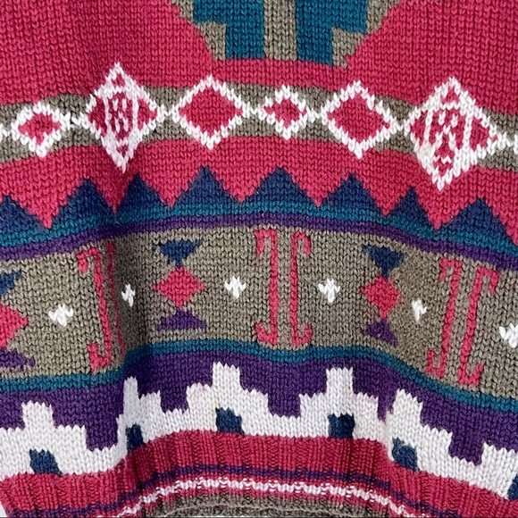 L.L. Bean Vintage 100% Wool Aztec Western Crewneck Sweater Chunky Knit - Picture 3 of 8